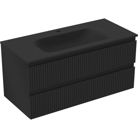 Mexen Rivel Badezimmerschrank 100 cm mit Waschbecken Vela, 2 Schubladen, gerillt, schwarz matt - 91A20-10047-2-BFF71-W23M71