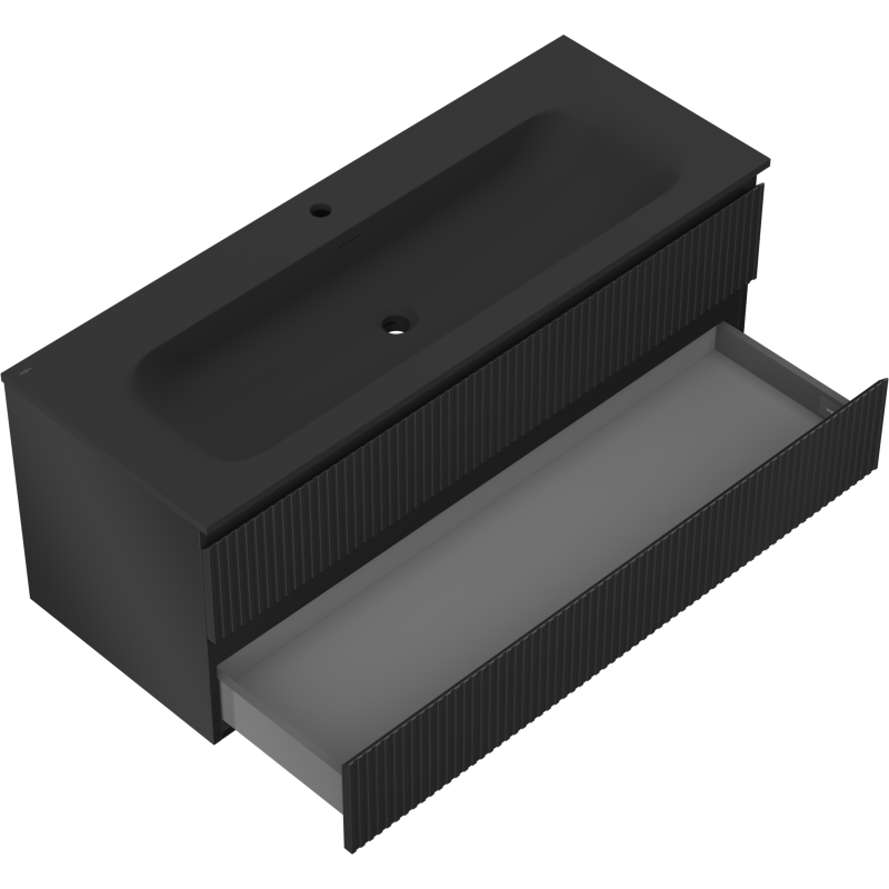 Mexen Rivel mobile bagno 120 cm con lavabo Vela, 2 cassetti, scanalato, nero opaco - 91A20-12047-2-BFF71-W23M71