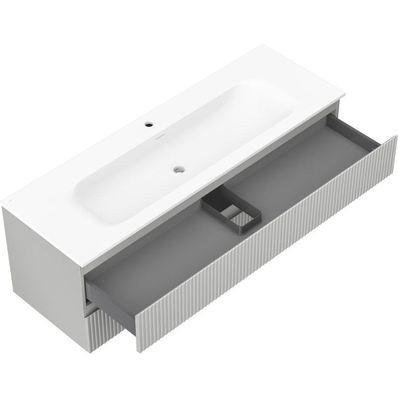 Mexen Rivel armário de casa de banho 140 cm com lavatório Vela, 2 gavetas, estriado, cinza mate/branco mate -