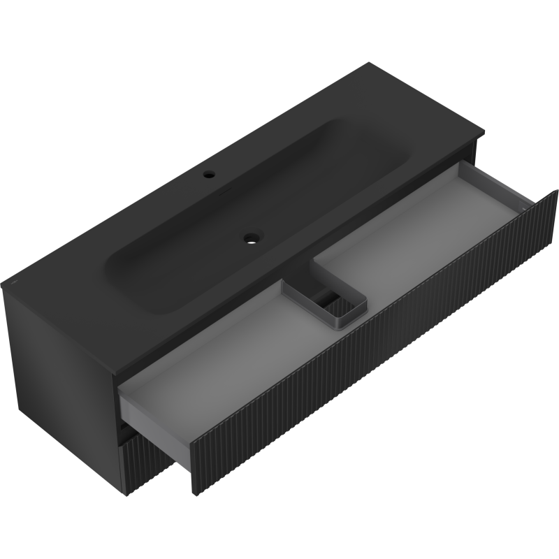 Mexen Rivel mueble de baño de 140 cm con lavabo Vela, 2 cajones, acanalado, negro mate - 91A20-14047-2-BFF71-W23M71