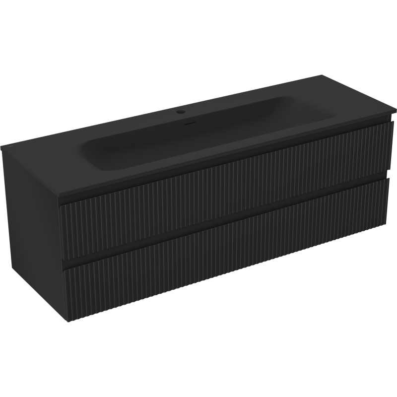 Mexen Rivel mueble de baño de 140 cm con lavabo Vela, 2 cajones, acanalado, negro mate - 91A20-14047-2-BFF71-W23M71