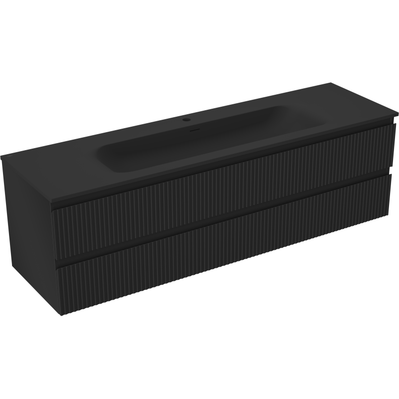 Mexen Rivel Badezimmerschrank 160 cm mit Waschbecken Vela, 2 Schubladen, geriffelt, schwarz matt - 91A20-16047-2-BFF71-W23M71