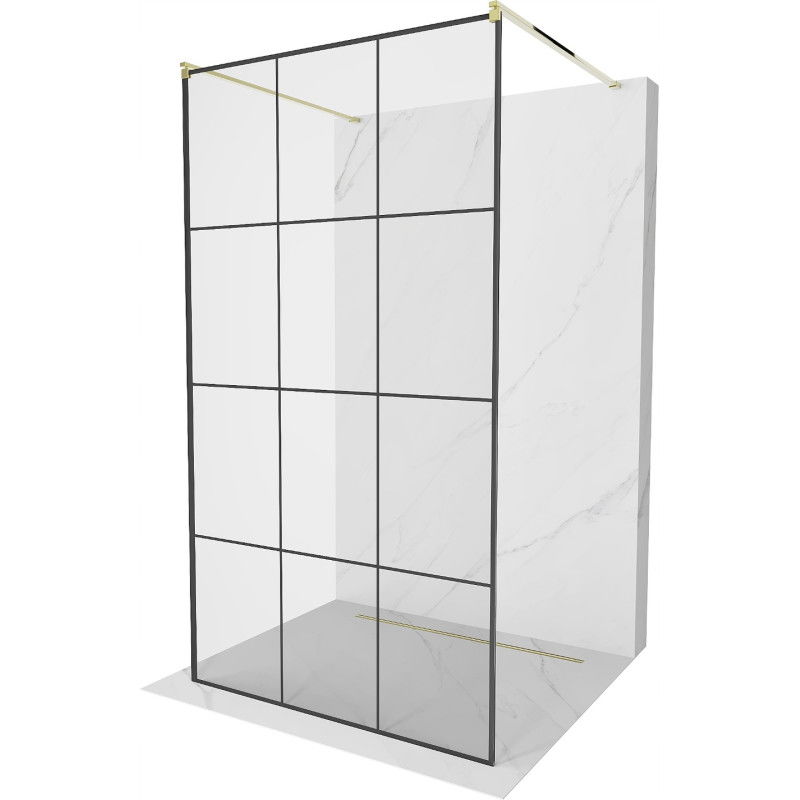 Mexen Kioto Freestanding Shower Wall 100 x 200 cm, Black Grid 8 mm, Gold - 800-100-002-50-77