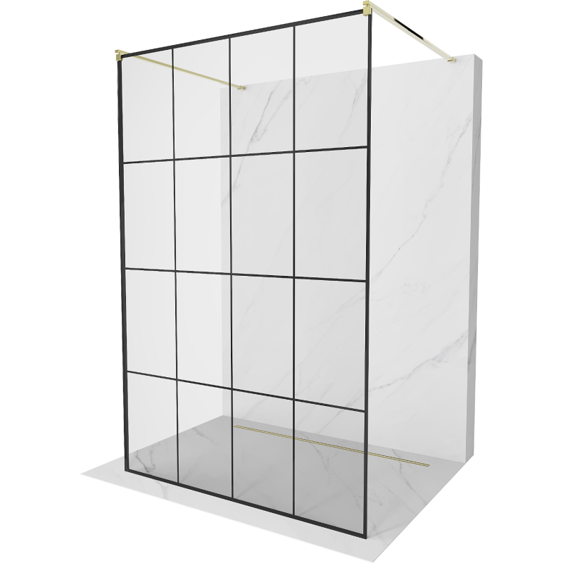 Mexen Kioto vrijstaande douchewand 140 x 200 cm, zwart raster 8 mm, goud - 800-140-002-50-77