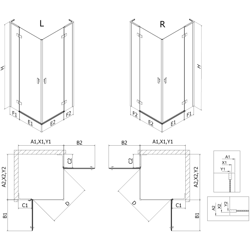 Mexen Mist-H L Duo duschkabin med svängbar dörr vänster 75 x 70 cm, transparent, svart - 8A5L-075L-070P-70-00