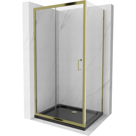 Mexen Apia Duschkabine Schiebetür 140 x 80 cm, transparent, gold + Flat Duschwanne, schwarz - 840-140-080-50-00-4070G