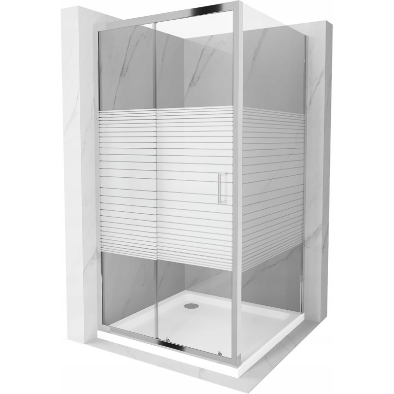 Mexen Apia kabina prysznicowa rozsuwana 90 x 90 cm, białe pasy, chrom + brodzik Flat - 840-090-090-01-20-4010