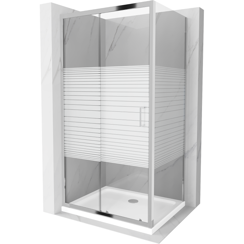 Mexen Apia cabine de duche deslizante 140 x 70 cm, listras brancas, cromado + base de duche Flat - 840-140-070-01-20-4010