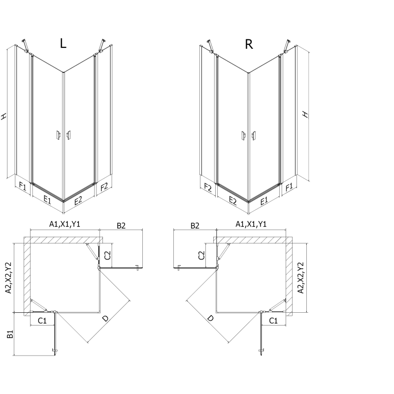 Mexen Mist Duo Duschkabine schwenkbar 120 x 120 cm, schwarzes Gitter, schwarz - 8A4-120L-120P-70-77
