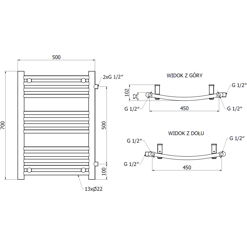 Mexen Ares zijradiator voor de badkamer 700 x 500 mm, 286 W, zwart - W102-0700-500-00-70-S