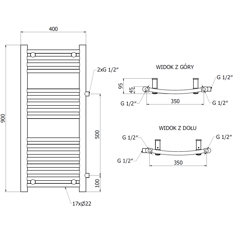 Mexen Ares grzejnik łazienkowy boczny 900 x 400 mm, 312 W, czarny - W102-0900-400-00-70-S