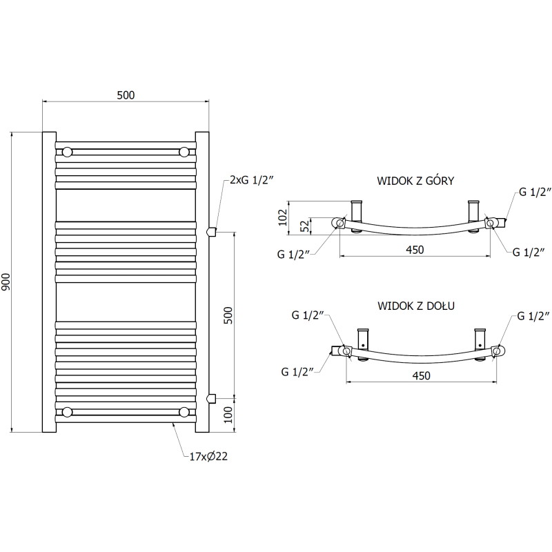 Mexen Ares bočni kupaonski radijator 900 x 500 mm, 372 W, crni - W102-0900-500-00-70-S