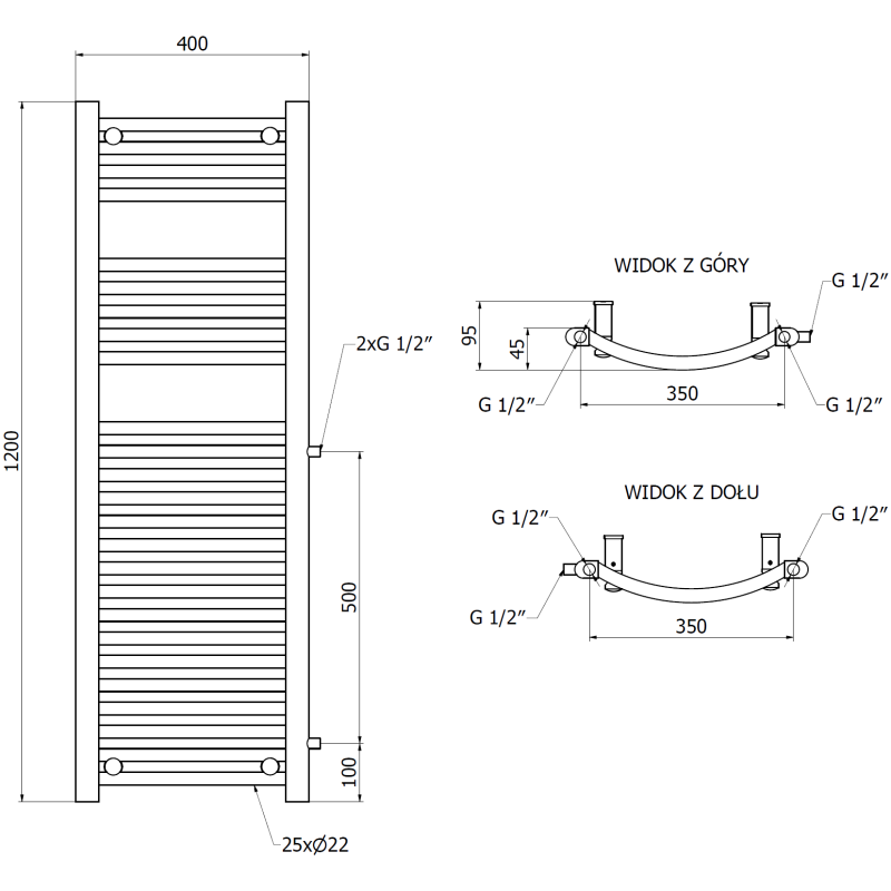 Mexen Ares zijwaartse badkamer radiator 1200 x 400 mm, 442 W, wit - W102-1200-400-00-20-S