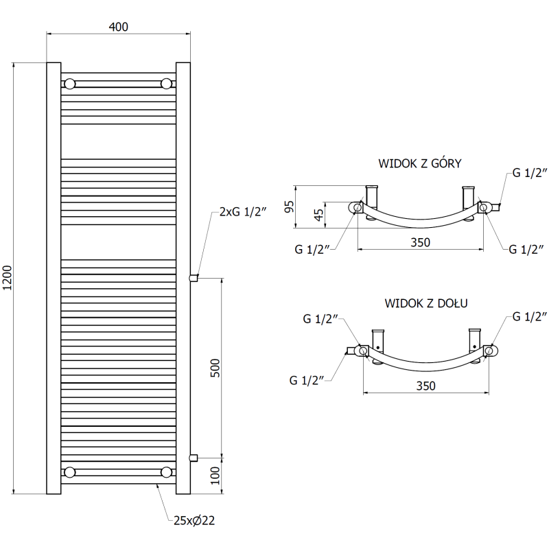 Mexen Ares radiador de baño lateral 1200 x 400 mm, 442 W, negro - W102-1200-400-00-70-S