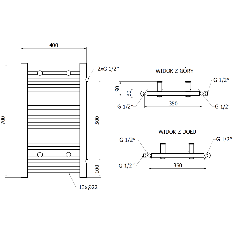 Mexen Mars grzejnik łazienkowy boczny 700 x 400 mm, 238 W, czarny - W110-0700-400-00-70-S