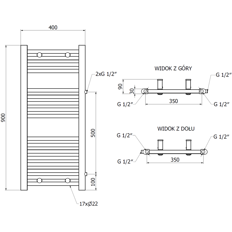 Mexen Mars badrumsradiator sidomonterad 900 x 400 mm, 309 W, vit - W110-0900-400-00-20-S