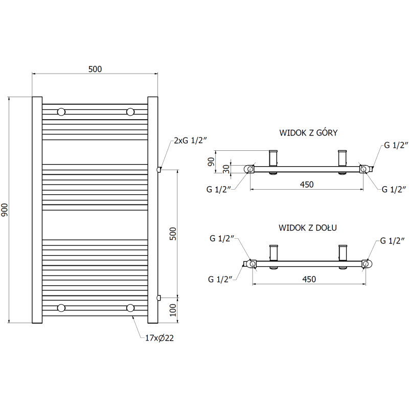 Mexen Mars radiateur de salle de bains latéral 900 x 500 mm, 370 W, noir - W110-0900-500-00-70-S