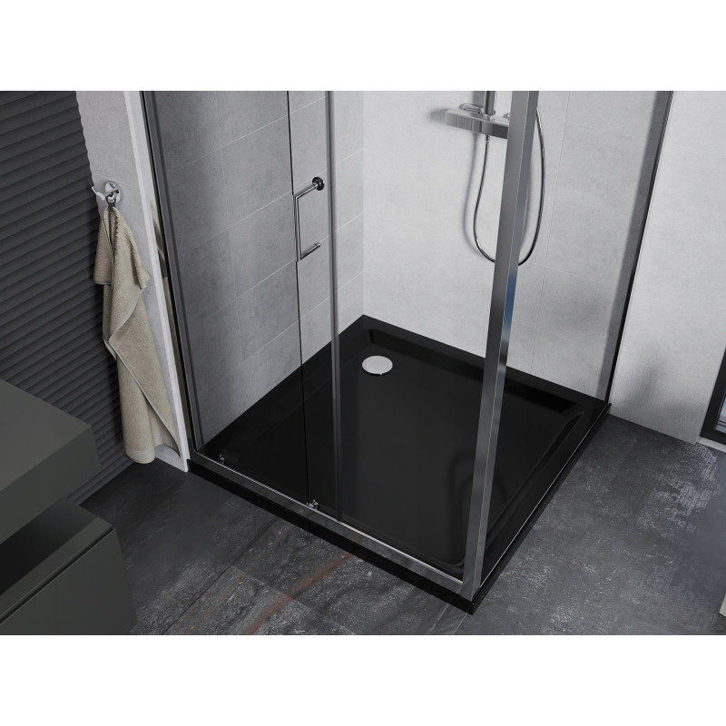 Mexen Apia cabina de ducha corredera 90 x 90 cm, transparente, cromo + plato Flat, negro - 840-090-090-01-00-4070