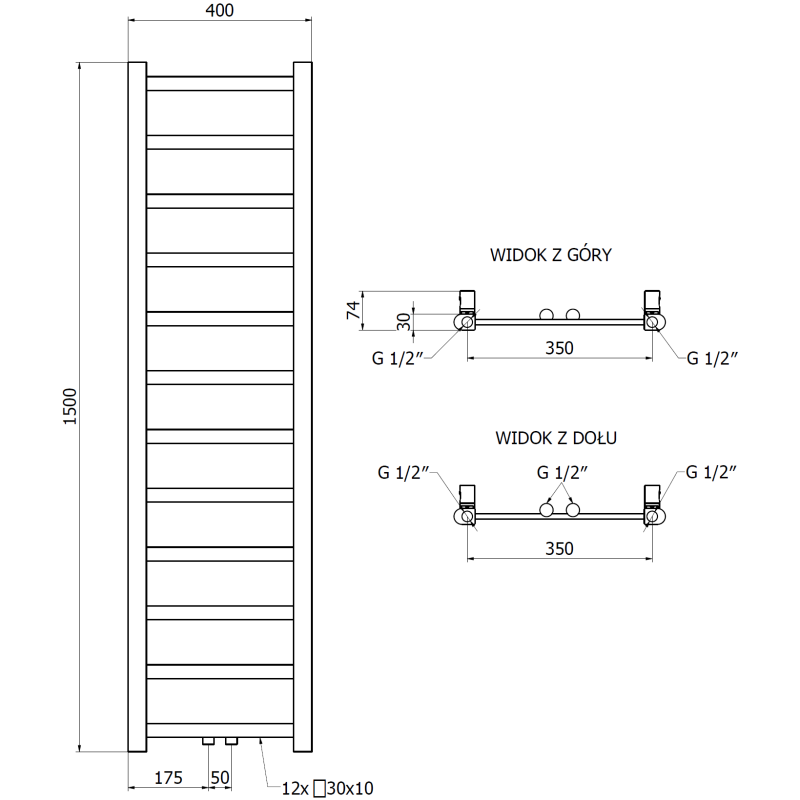 Mexen Bolt badrumselement 1500 x 400 mm, 342 W, antracit - W126-1500-400-00-66