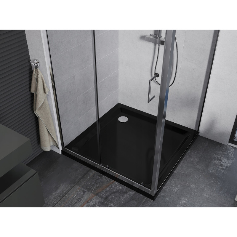 Mexen Apia Schiebeduschkabine 100 x 100 cm, transparent, Chrom + Duschwanne Flat, schwarz - 840-100-100-01-00-4070