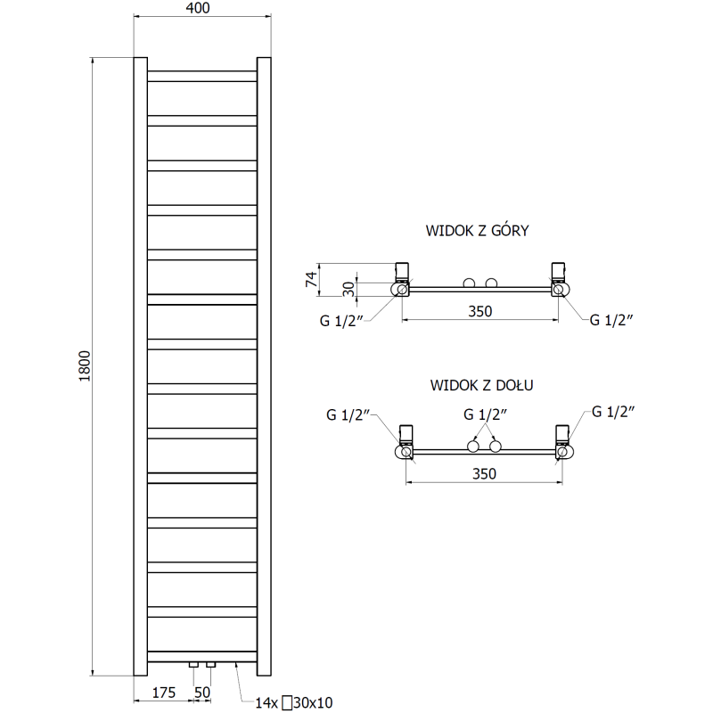 Mexen Bolt grzejnik łazienkowy 1800 x 400 mm, 406 W, antracyt - W126-1800-400-00-66