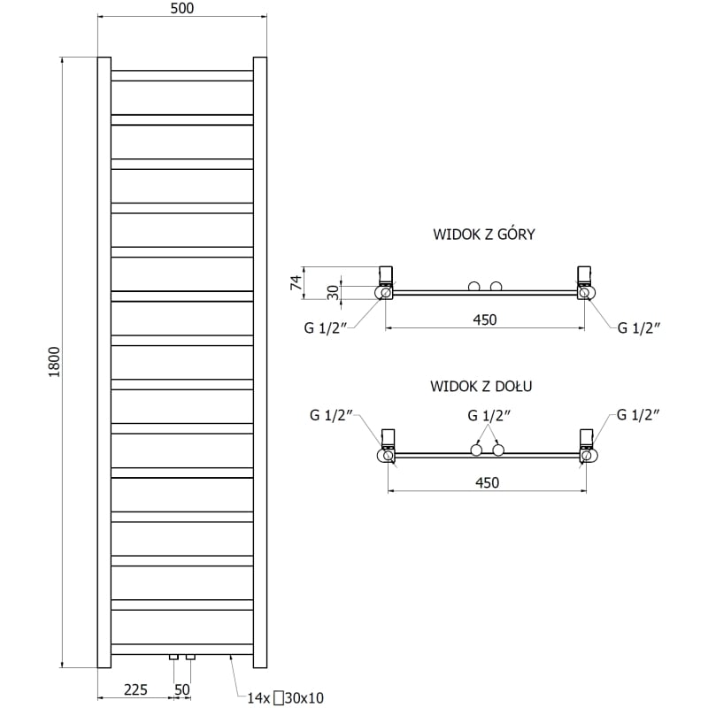 Mexen Bolt vannitoa radiaator 1800 x 500 mm, 460 W, antratsiit - W126-1800-500-00-66
