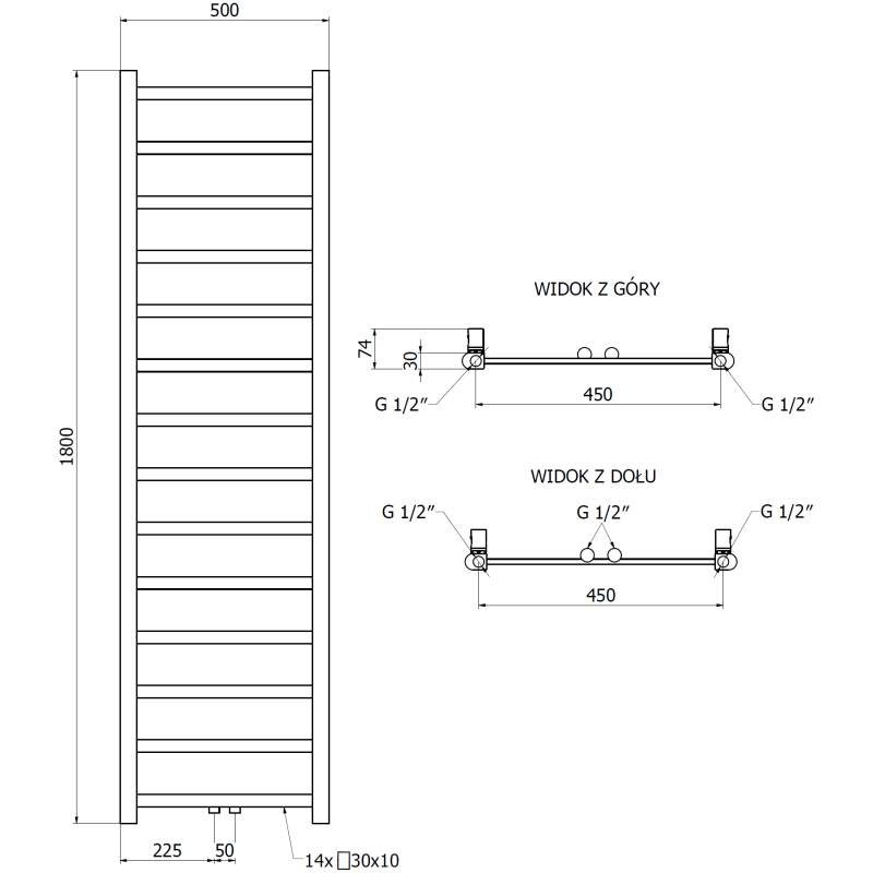 Mexen Bolt badrumselement 1800 x 500 mm, 460 W, svart - W126-1800-500-00-70