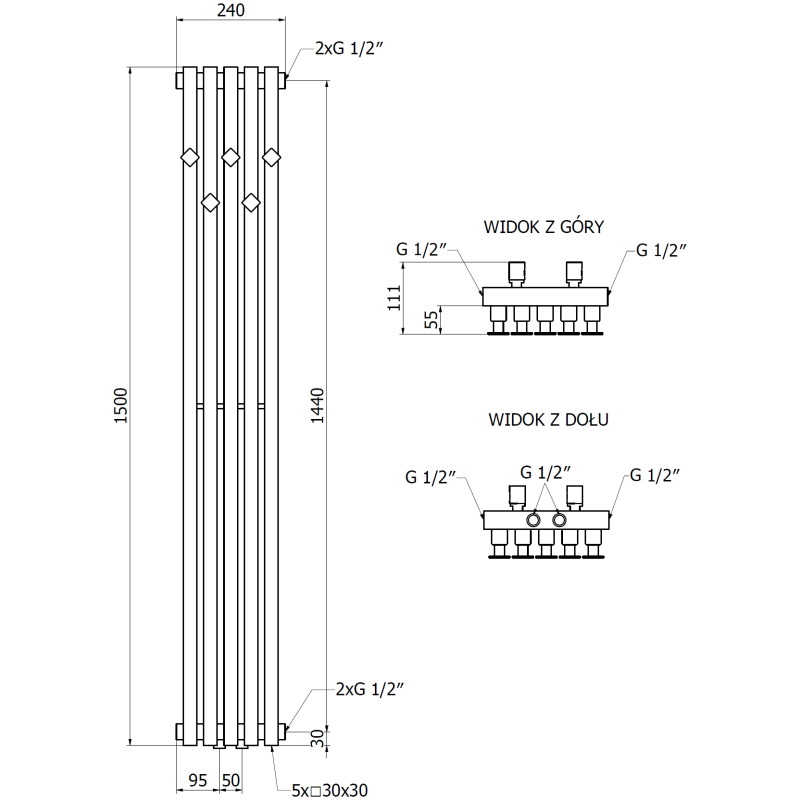 Mexen Flux dekoratiivne vannitoa radiaator 1500 x 240 mm, 450 W, valge - W127-1500-240-00-20