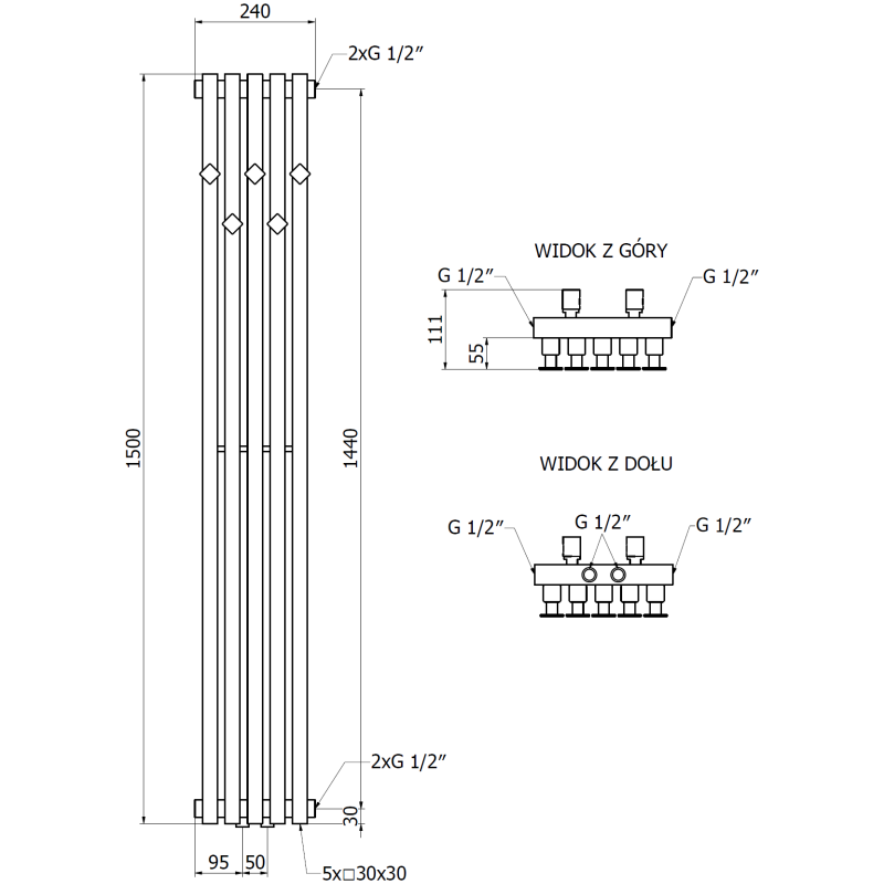 Mexen Flux dekorativ badrumsradiator 1500 x 240 mm, 450 W, antracit - W127-1500-240-00-66