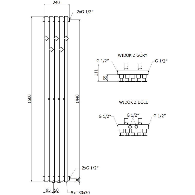 Mexen Flux grzejnik łazienkowy dekoracyjny 1500 x 240 mm, 450 W, antracyt - W127-1500-240-00-66