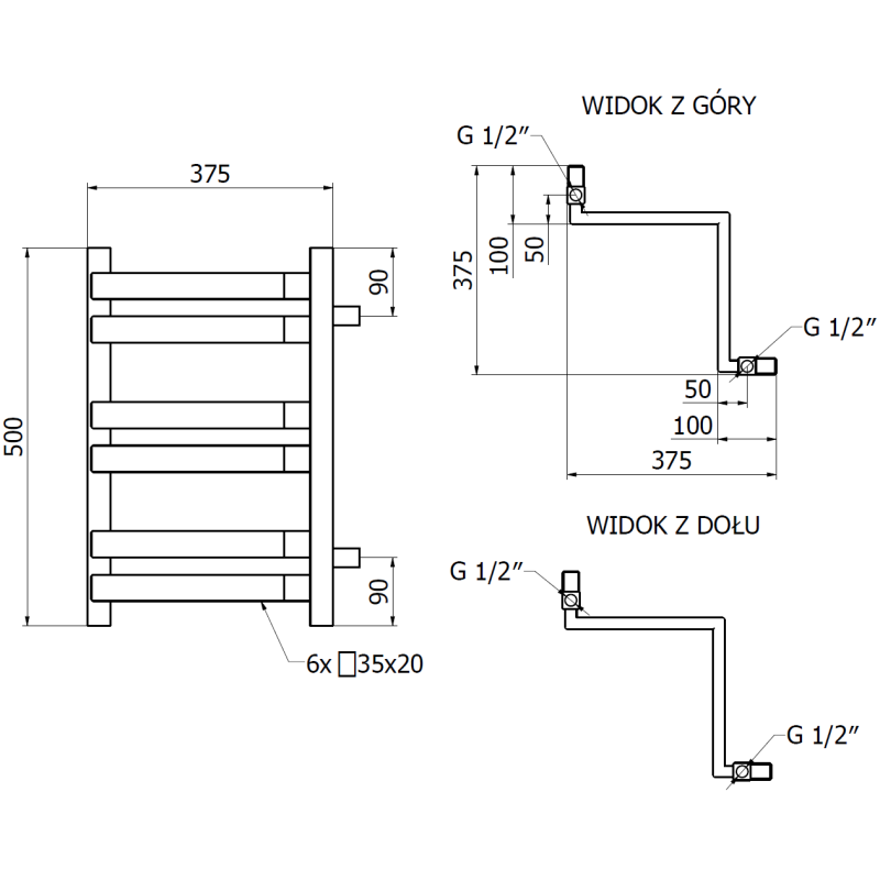 Mexen Loop hoekradiator badkamer 500 x 375 mm, 253 W, zwart - W129-0500-350-00-70