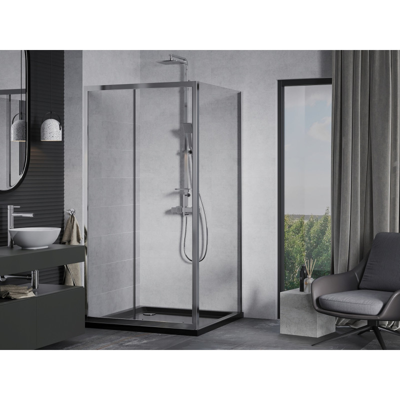 Mexen Apia Schiebeduschkabine 100 x 100 cm, transparent, Chrom + Duschwanne Flat, schwarz - 840-100-100-01-00-4070