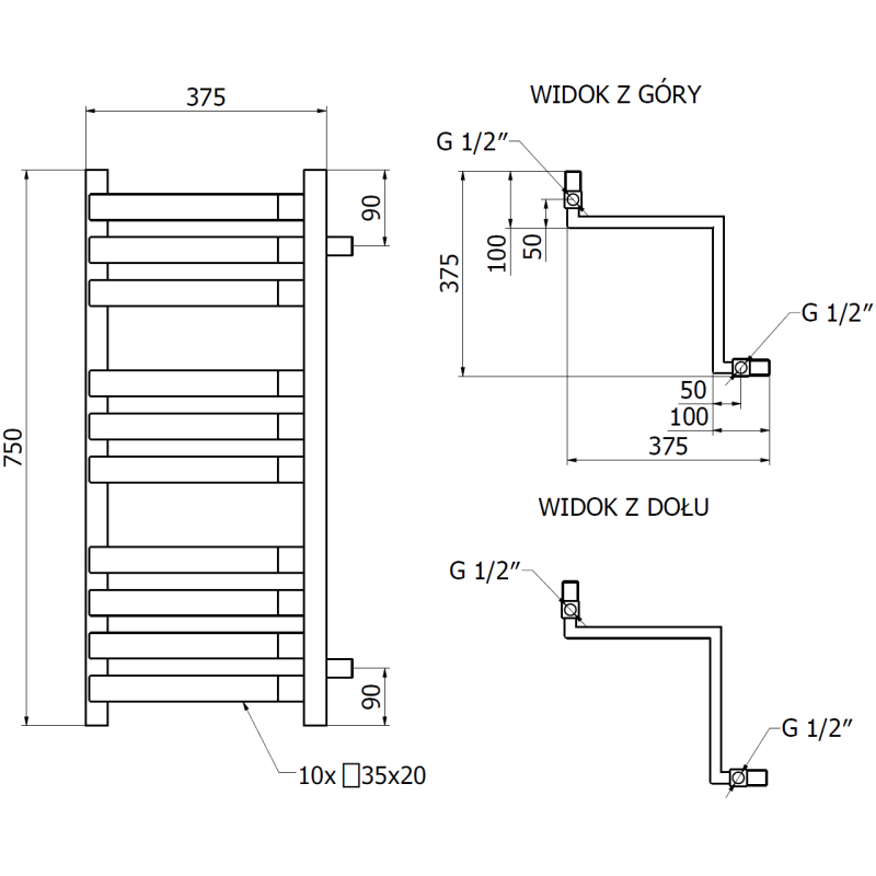 Mexen Loop radiador de casa de banho 750 x 375 mm, 413 W, branco - W129-0750-350-00-20