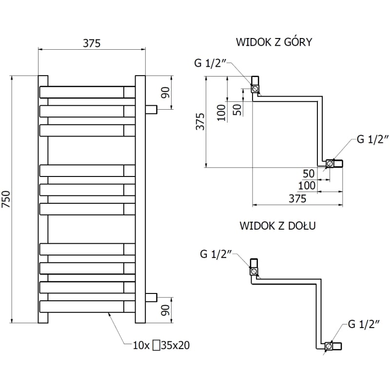 Mexen Loop grzejnik łazienkowy narożny 750 x 375 mm, 413 W, czarny - W129-0750-350-00-70