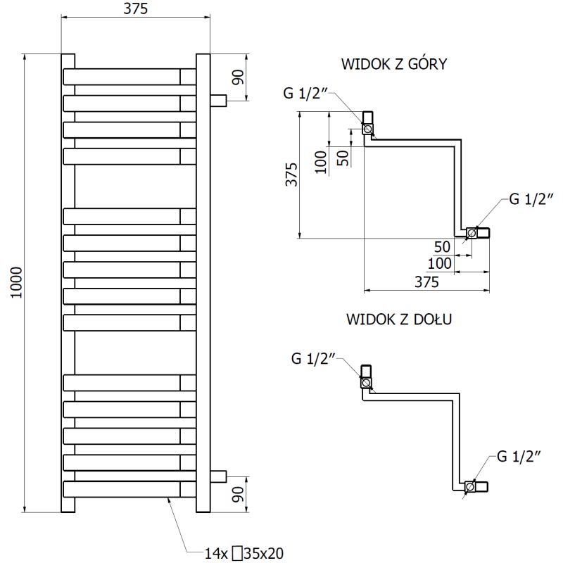 Mexen Loop radiador de baño 1000 x 375 mm, 572 W, antracita - W129-1000-350-00-66