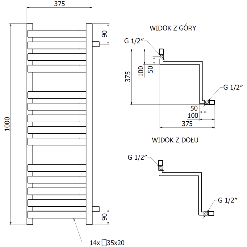 Mexen Loop badkamer radiator 1000 x 375 mm, 572 W, zwart - W129-1000-350-00-70