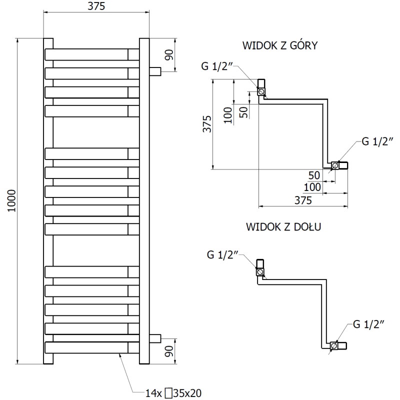 Mexen Loop grzejnik łazienkowy narożny 1000 x 375 mm, 572 W, czarny - W129-1000-350-00-70