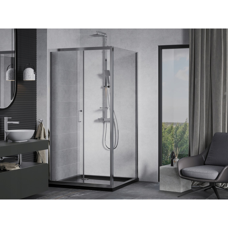 Mexen Apia schuifdouchecabine 100 x 100 cm, transparant, chroom + Flat douchebak, zwart - 840-100-100-01-00-4070