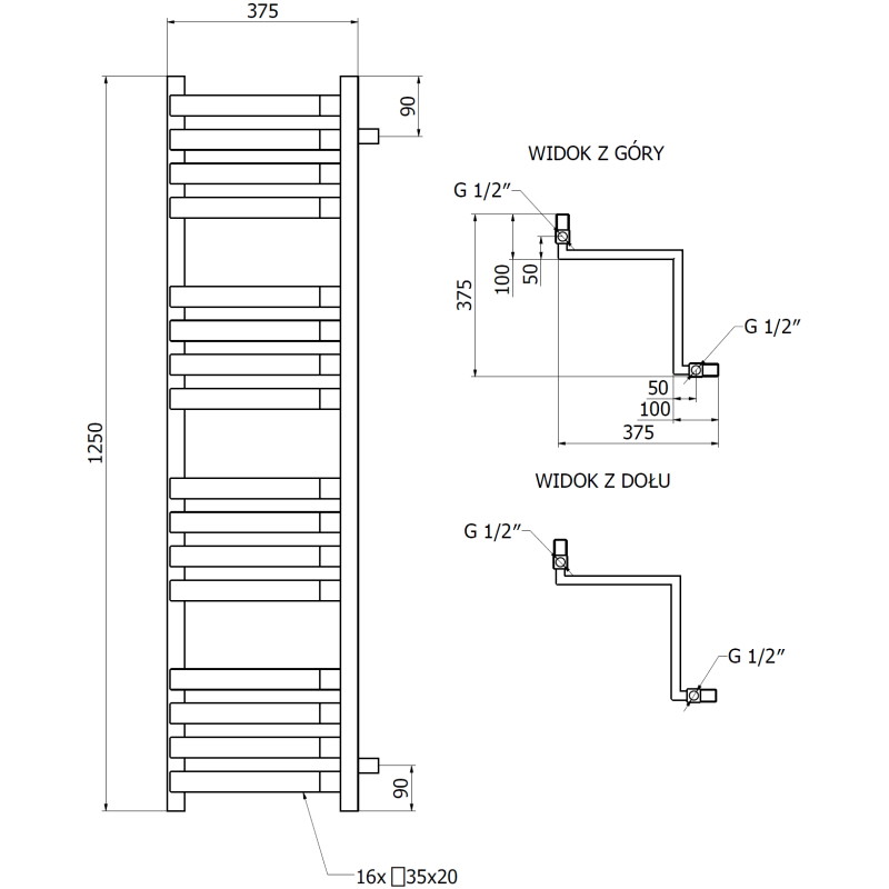 Mexen Loop grzejnik łazienkowy narożny 1250 x 375 mm, 666 W, antracyt - W129-1250-350-00-66