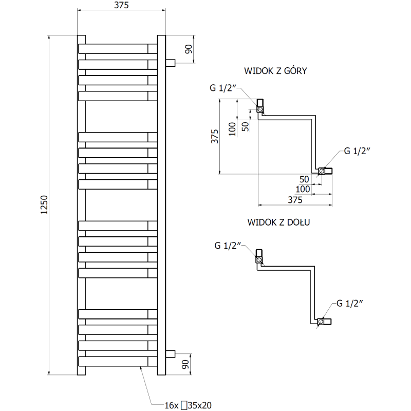 Mexen Loop radiatore da bagno 1250 x 375 mm, 666 W, antracite - W129-1250-350-00-66