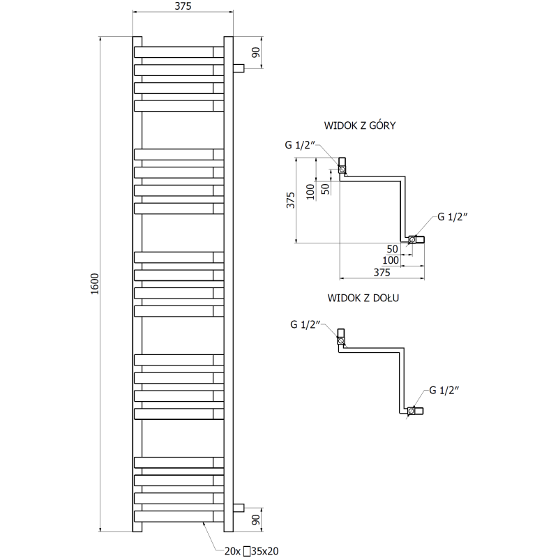 Mexen Loop γωνιακό θερμαντικό σώμα μπάνιου 1600 x 375 mm, 837 W, ανθρακί