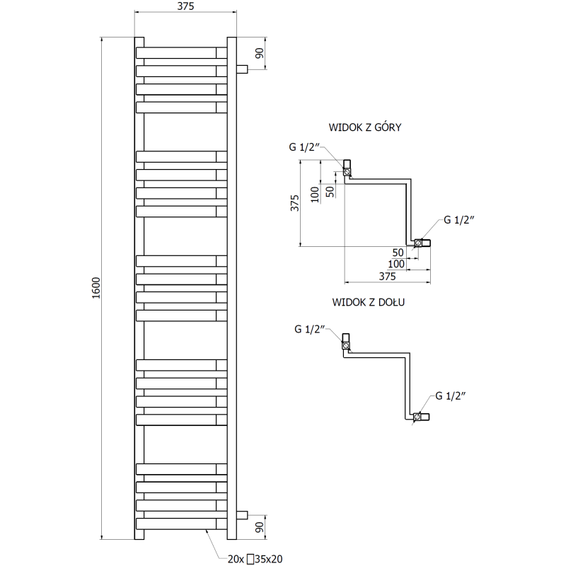 Mexen Loop radiateur salle de bains 1600 x 375 mm, 837 W, noir - W129-1600-350-00-70