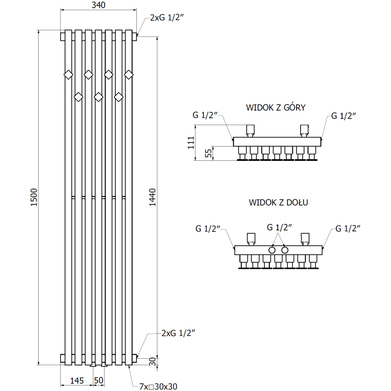Mexen Flux Dekorativer Badezimmerheizkörper 1500 x 340 mm, 630 W, schwarz - W127-1500-340-00-70