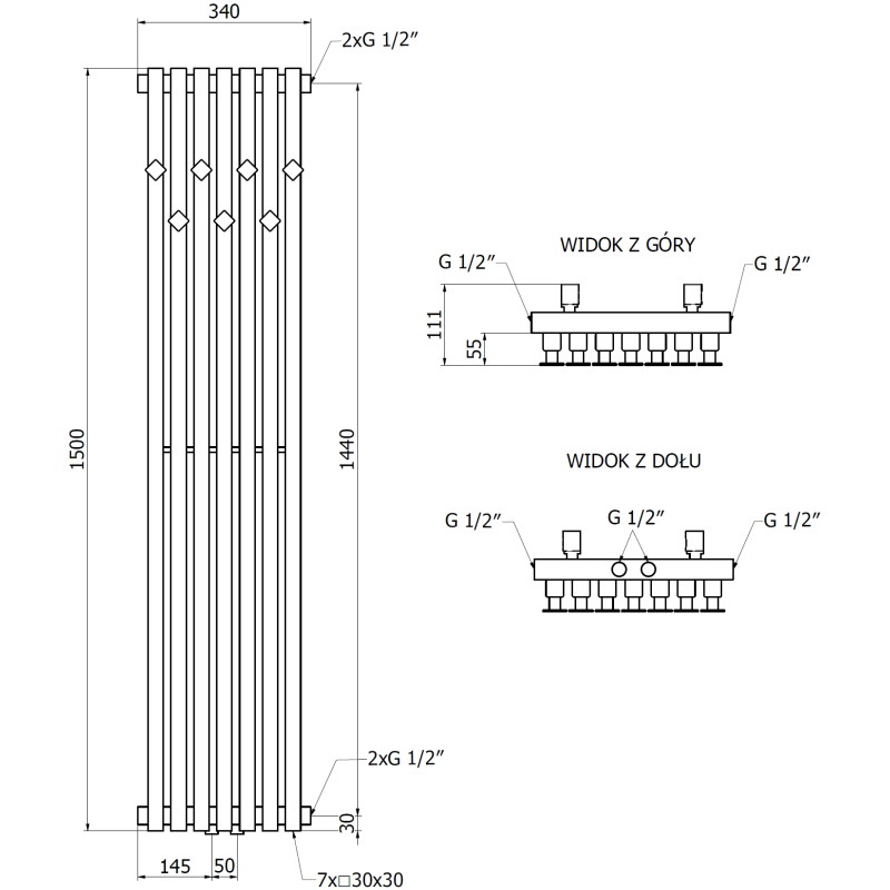 Mexen Flux dekorativni kupaonski radijator 1500 x 340 mm, 630 W, crni - W127-1500-340-00-70