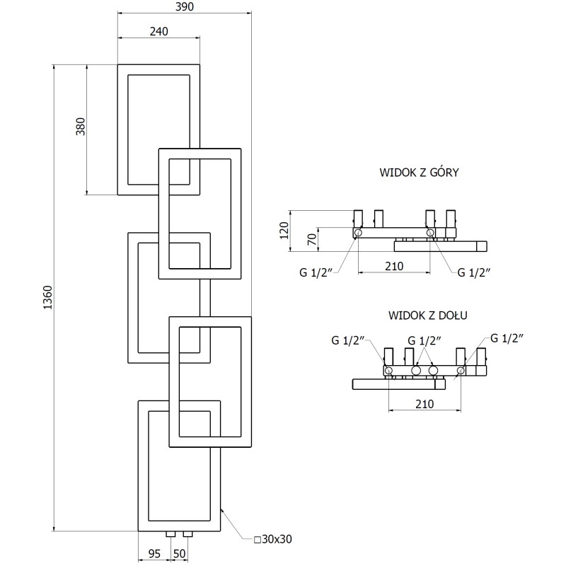 Mexen Grid radiateur décoratif de salle de bains 1360 x 390 mm, 349 W, noir - W215-1360-390-00-70
