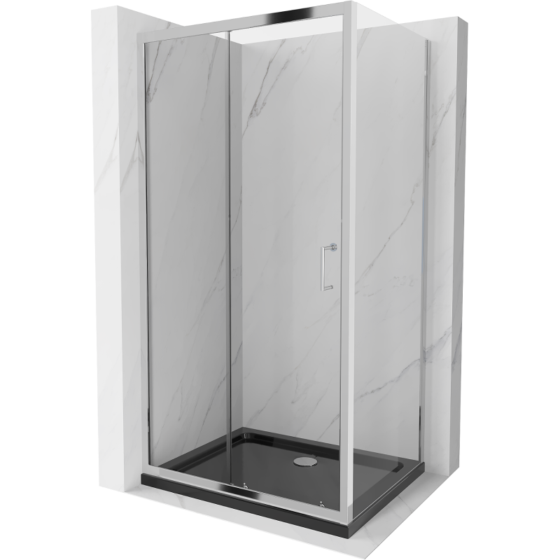 Mexen Apia Duschkabine verschiebbar 140 x 90 cm, transparent, Chrom + Duschwanne Flat, schwarz - 840-140-090-01-00-4070