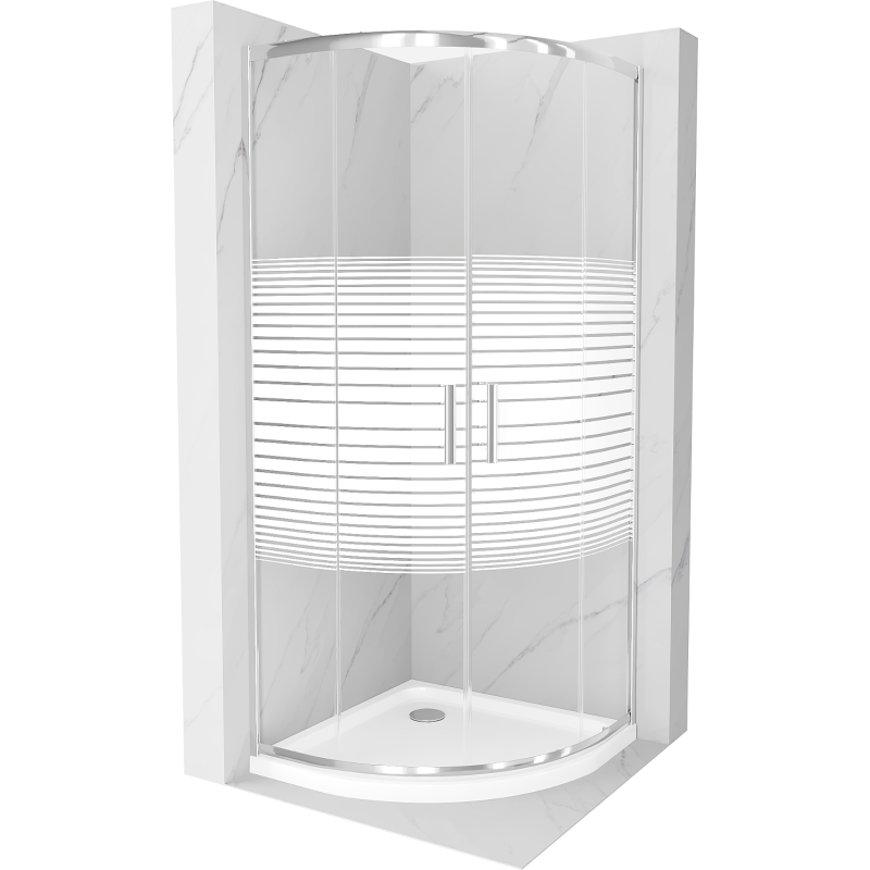 Mexen Rio cabine de douche semi-circulaire 80 x 80 cm, bandes blanches, chrome + receveur Flat, blanc - 863-080-080-01-20-4110