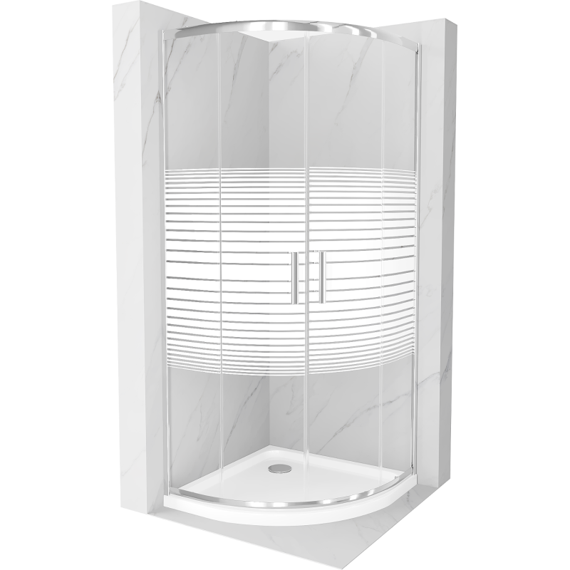 Mexen Rio halvrund duschkabin 90 x 90 cm, vita ränder, krom + Flat-duschkar, vit - 863-090-090-01-20-4110