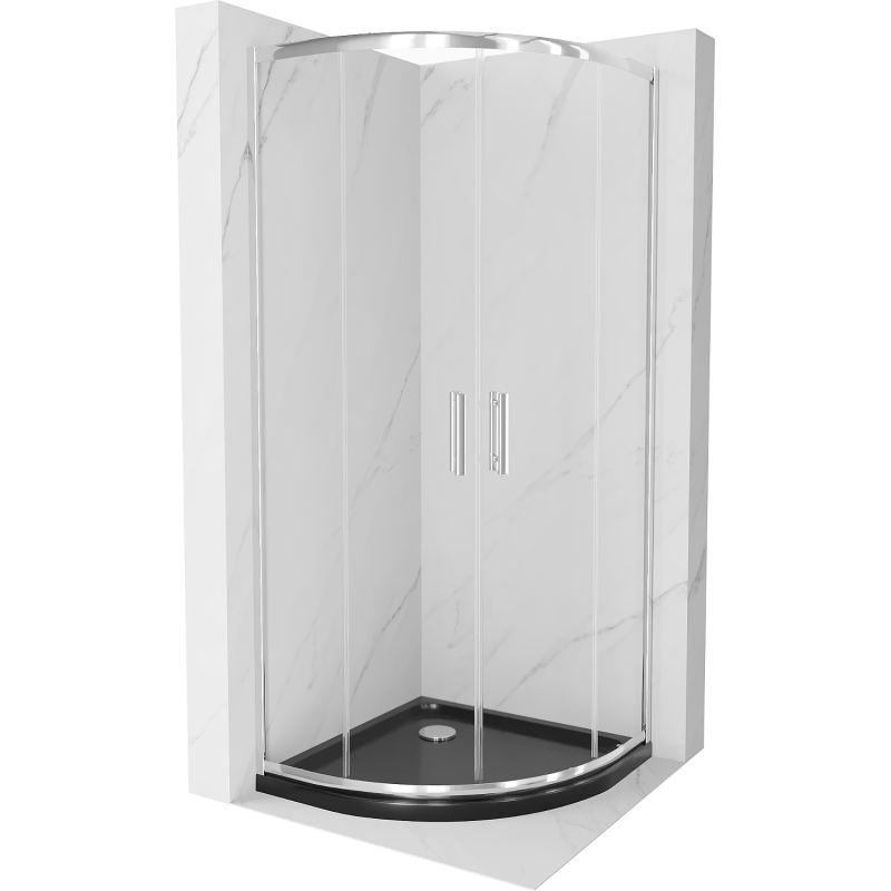 Mexen Rio Duschkabine halbrund 80 x 80 cm, transparent, Chrom + Duschwanne Flat, schwarz - 863-080-080-01-00-4170