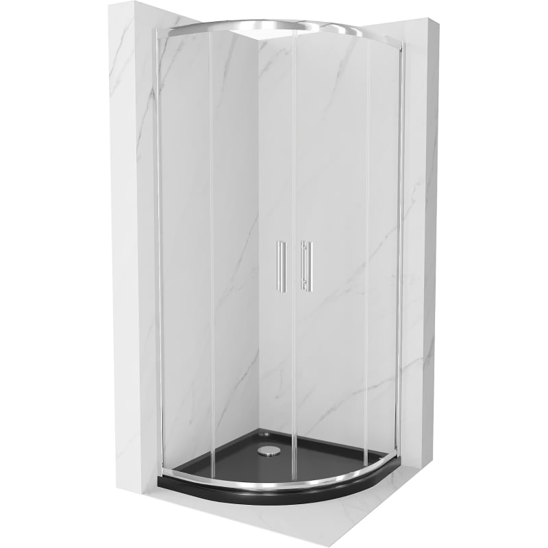 Mexen Rio Halbrunde Duschkabine 80 x 80 cm, transparent, Chrom + Duschwanne Flat, schwarz - 863-080-080-01-00-4170